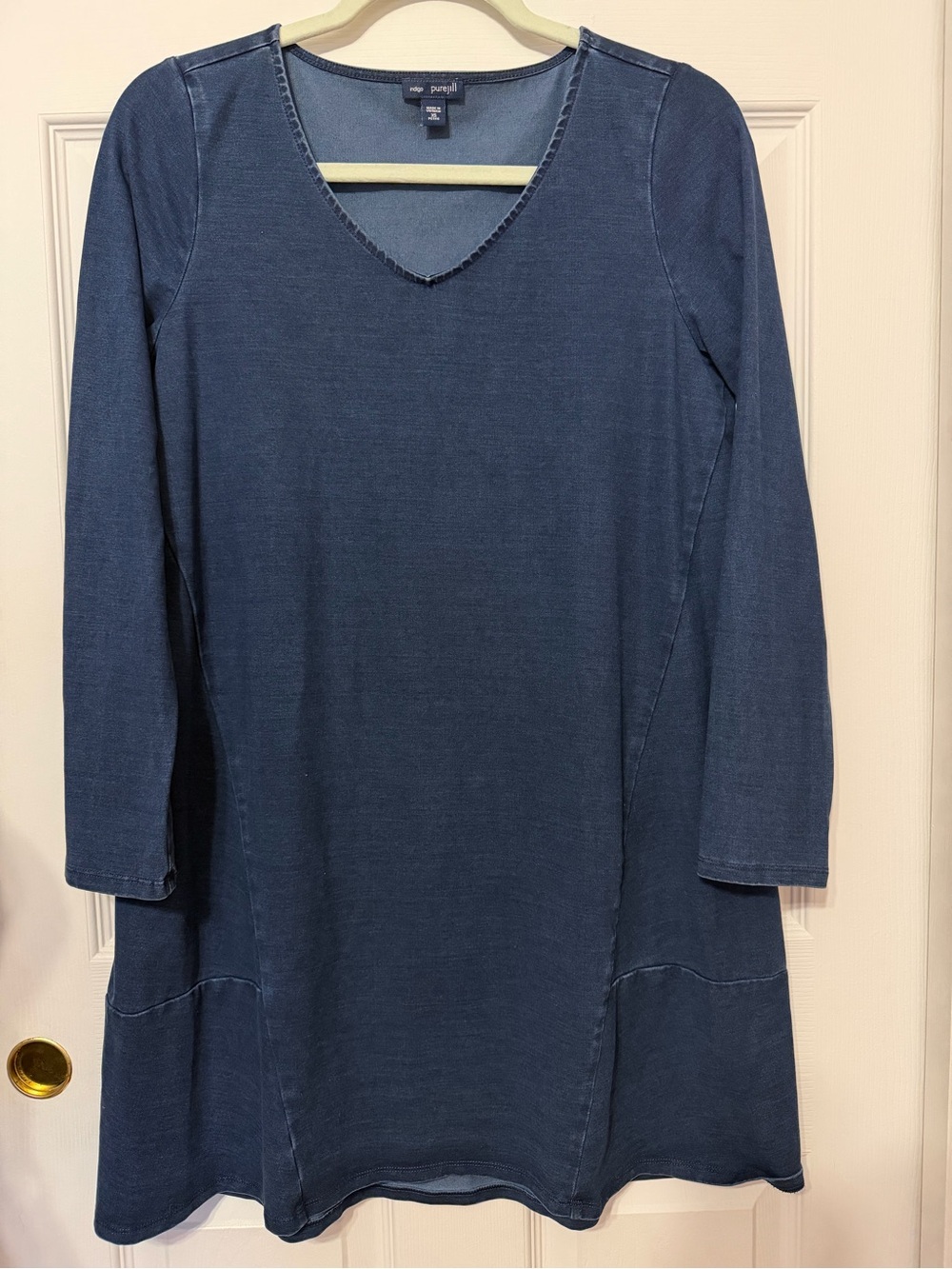 Pure Jill Indigo Blue Denim Knit V-Neck Shift Dress Long Sleeve Pockets XS